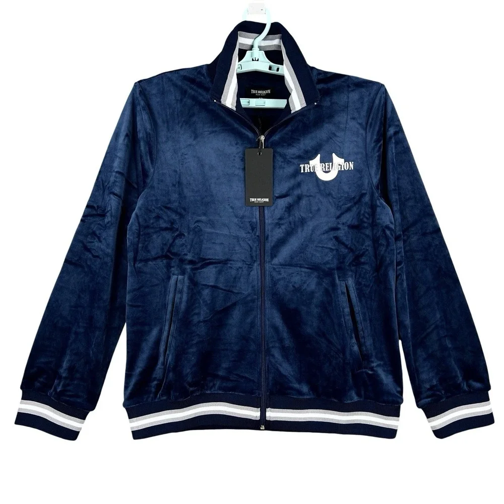 True Religion Men's Blue Velour World Tour Track Jacket Size Small Full Zip NWT